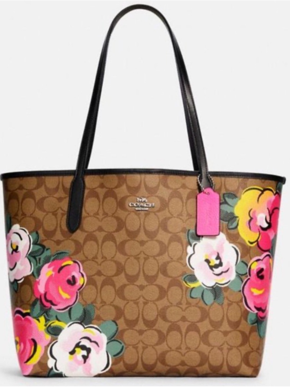Coach purse- Brown Signature Tote with Pink & Yellow Floral Accents